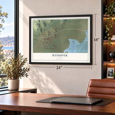 Wendover, Utah map, 18 x 24 inch print in a black frame in a home office