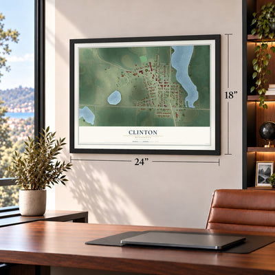 Clinton, Minnesota map, 18 x 24 inch print in a black frame in a home office