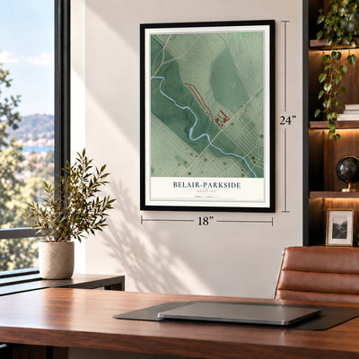Belair-Parkside, Maryland map, 18 x 24 inch print in a black frame in a home office