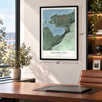 Electric City, Washington map, 18 x 24 inch print in a black frame in a home office