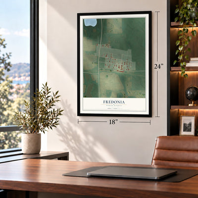 Fredonia, North Dakota map, 18 x 24 inch print in a black frame in a home office