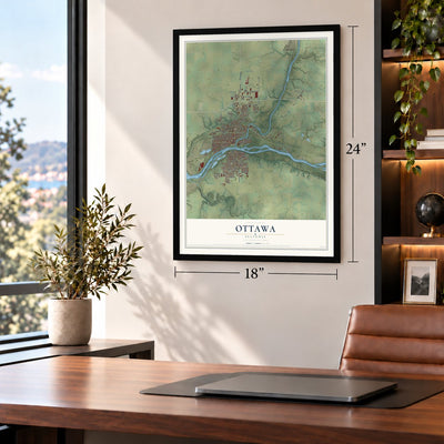 Ottawa, Illinois map, 18 x 24 inch print in a black frame in a home office