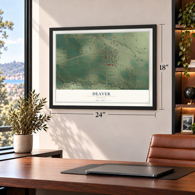 Deaver, Wyoming map, 18 x 24 inch print in a black frame in a home office