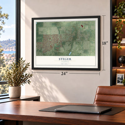 Steger, Illinois map, 18 x 24 inch print in a black frame in a home office