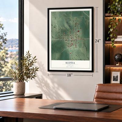 Scotia, Nebraska map, 18 x 24 inch print in a black frame in a home office