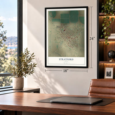 Stratford, Texas map, 18 x 24 inch print in a black frame in a home office
