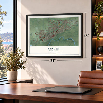 Lynden, Washington map, 18 x 24 inch print in a black frame in a home office