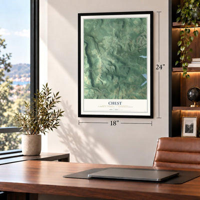 Chest, Cambria County, Pennsylvania map, 18 x 24 inch print in a black frame in a home office