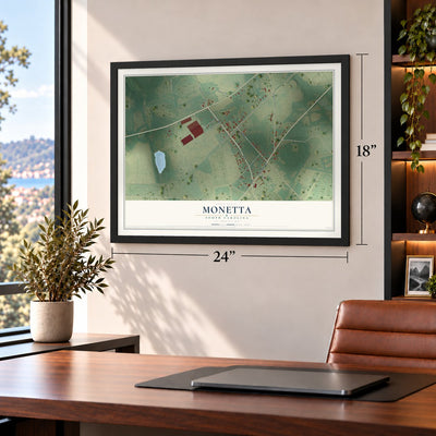 Monetta, South Carolina map, 18 x 24 inch print in a black frame in a home office