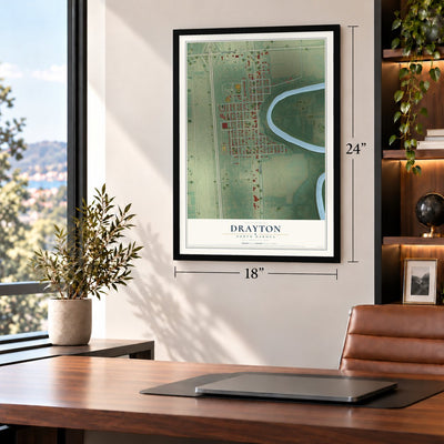 Drayton, North Dakota map, 18 x 24 inch print in a black frame in a home office