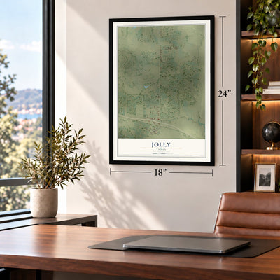 Jolly, Texas map, 18 x 24 inch print in a black frame in a home office