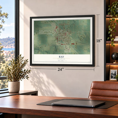 Rio, Wisconsin map, 18 x 24 inch print in a black frame in a home office