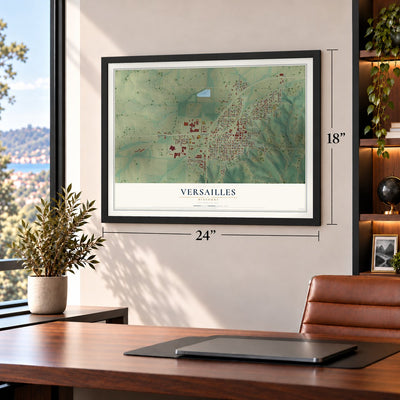 Versailles, Missouri map, 18 x 24 inch print in a black frame in a home office