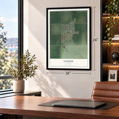 Venedy, Illinois map, 18 x 24 inch print in a black frame in a home office