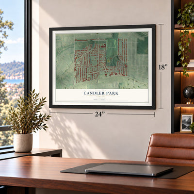 Candler Park, Georgia map, 18 x 24 inch print in a black frame in a home office