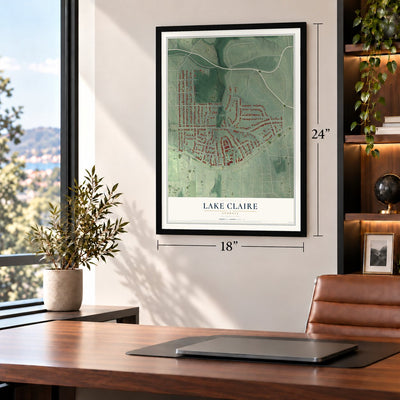 Lake Claire, Georgia map, 18 x 24 inch print in a black frame in a home office