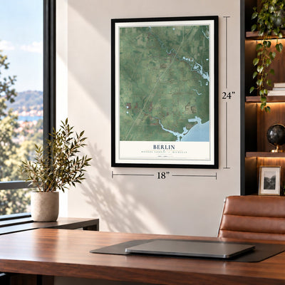 Berlin, Monroe County, Michigan map, 18 x 24 inch print in a black frame in a home office