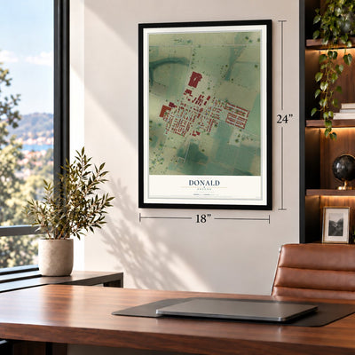 Donald, Oregon map, 18 x 24 inch print in a black frame in a home office
