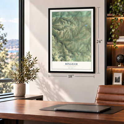 Bingham, Pennsylvania map, 18 x 24 inch print in a black frame in a home office