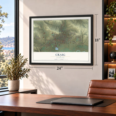 Craig, Colorado map, 18 x 24 inch print in a black frame in a home office
