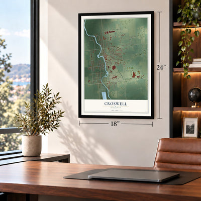 Croswell, Michigan map, 18 x 24 inch print in a black frame in a home office