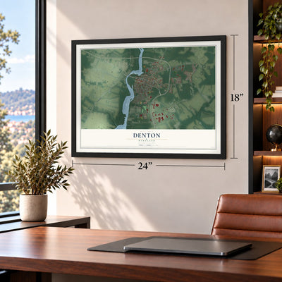 Denton, Maryland map, 18 x 24 inch print in a black frame in a home office