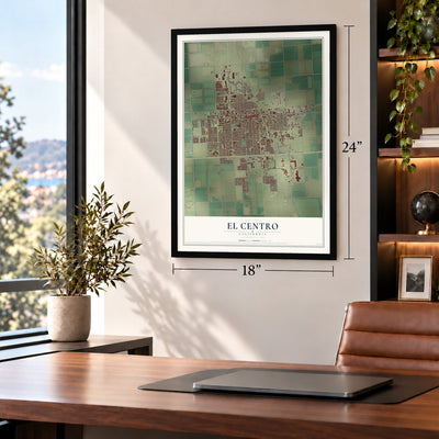 El Centro, California map, 18 x 24 inch print in a black frame in a home office