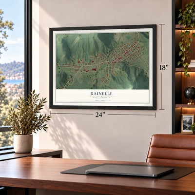 Rainelle, West Virginia map, 18 x 24 inch print in a black frame in a home office