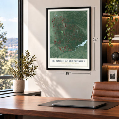 Borough of Shrewsbury, Monmouth County, New Jersey map, 18 x 24 inch print in a black frame in a home office