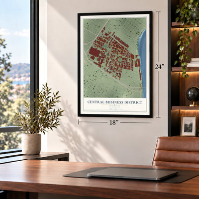 Central Business District, Louisiana map, 18 x 24 inch print in a black frame in a home office