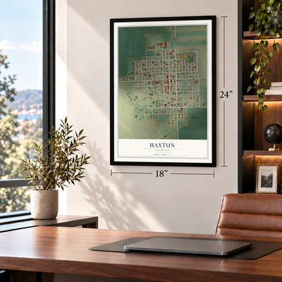 Haxtun, Colorado map, 18 x 24 inch print in a black frame in a home office