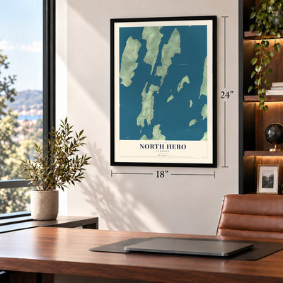 North Hero, Vermont map, 18 x 24 inch print in a black frame in a home office