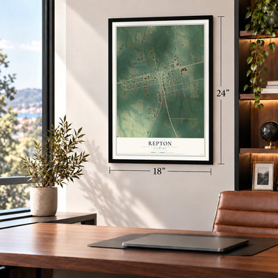Repton, Alabama map, 18 x 24 inch print in a black frame in a home office