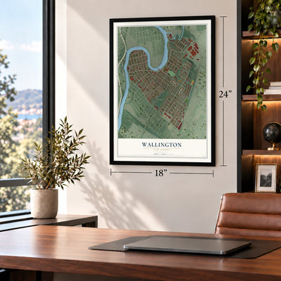 Wallington, New Jersey map, 18 x 24 inch print in a black frame in a home office