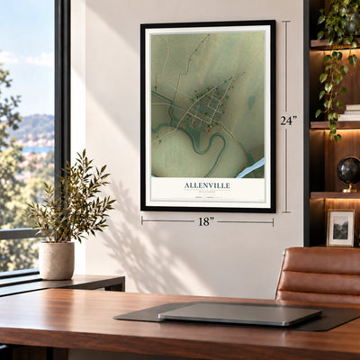 Allenville, Missouri map, 18 x 24 inch print in a black frame in a home office
