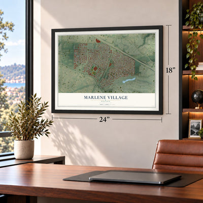 Marlene Village, Oregon map, 18 x 24 inch print in a black frame in a home office
