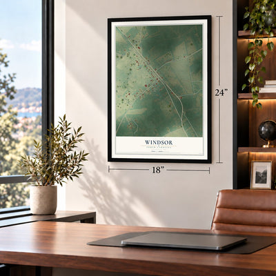 Windsor, South Carolina map, 18 x 24 inch print in a black frame in a home office