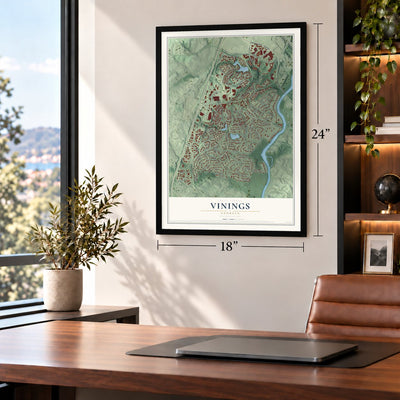 Vinings, Georgia map, 18 x 24 inch print in a black frame in a home office