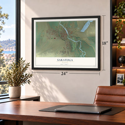 Saratoga, Wyoming map, 18 x 24 inch print in a black frame in a home office