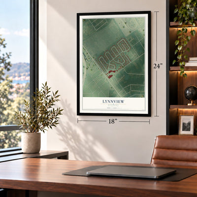 Lynnview, Kentucky map, 18 x 24 inch print in a black frame in a home office