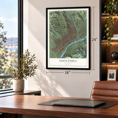 Santa Paula, California map, 18 x 24 inch print in a black frame in a home office