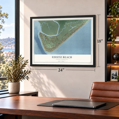 Edisto Beach, South Carolina map, 18 x 24 inch print in a black frame in a home office