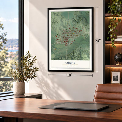 Curtis, Nebraska map, 18 x 24 inch print in a black frame in a home office