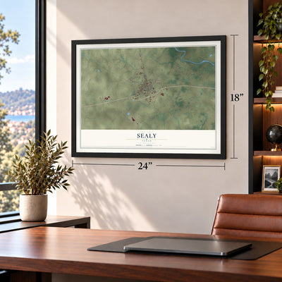 Sealy, Texas map, 18 x 24 inch print in a black frame in a home office