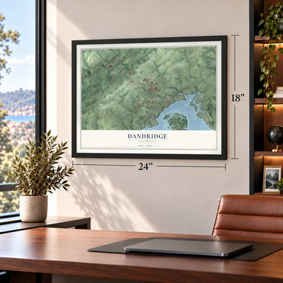 Dandridge, Tennessee map, 18 x 24 inch print in a black frame in a home office