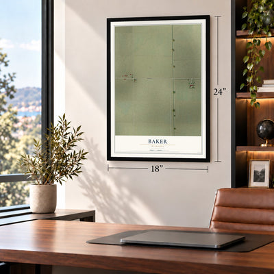 Baker, Missouri map, 18 x 24 inch print in a black frame in a home office