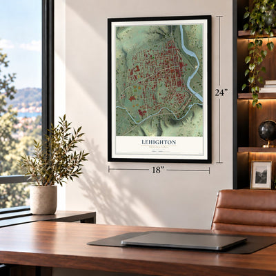 Lehighton, Pennsylvania map, 18 x 24 inch print in a black frame in a home office