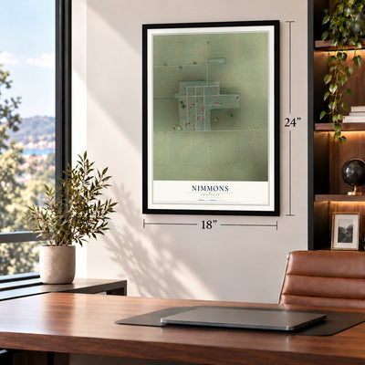 Nimmons, Arkansas map, 18 x 24 inch print in a black frame in a home office