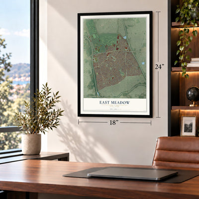 East Meadow, New York map, 18 x 24 inch print in a black frame in a home office