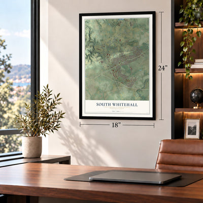 South Whitehall, Pennsylvania map, 18 x 24 inch print in a black frame in a home office